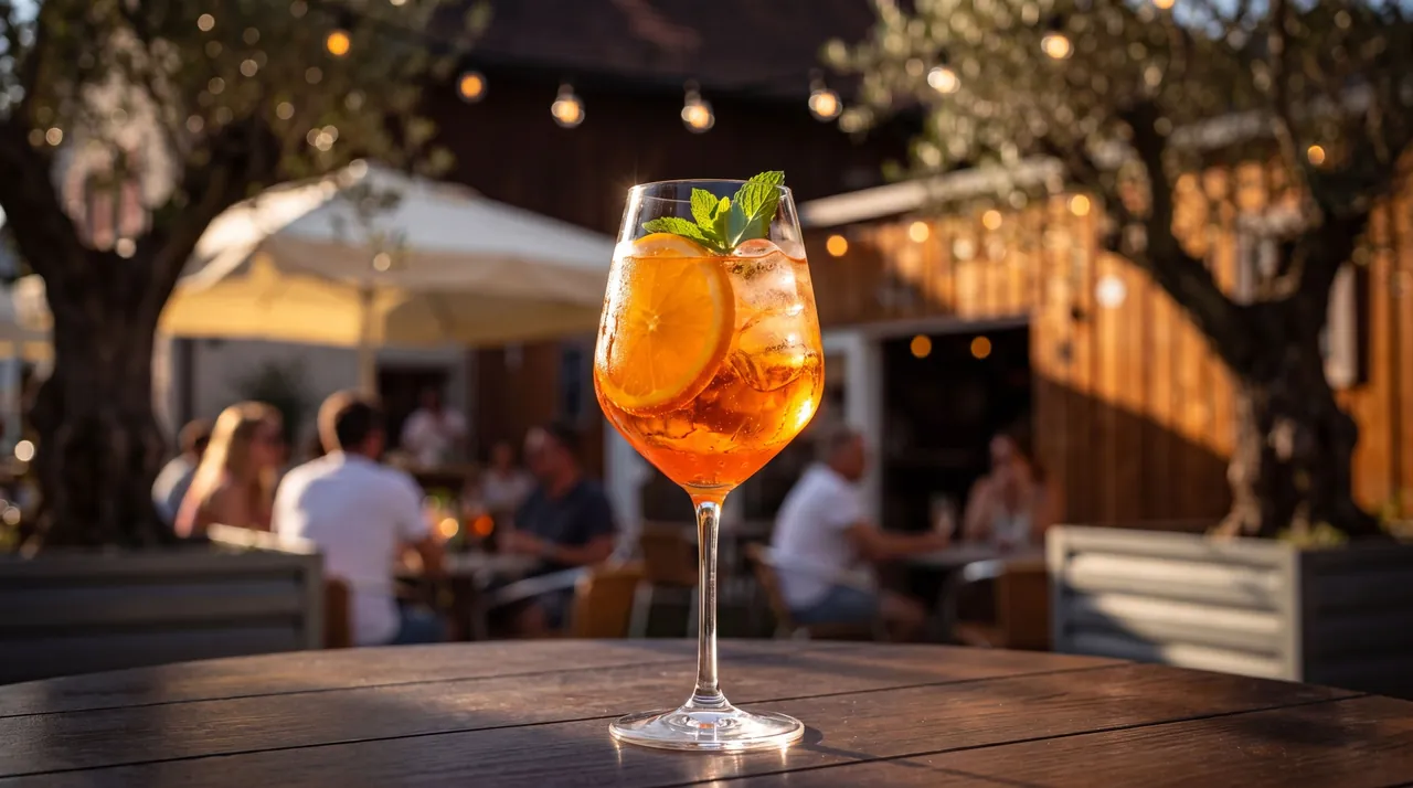 Aperol Spritz mit Olivenbäumen Hintergrund